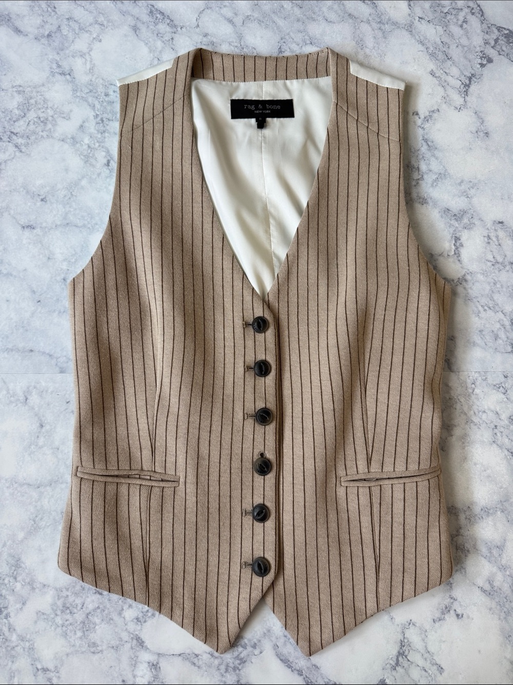 RAG & BONE Tan Camel Pinstripe Tailored Button Vanessa Vest Adjustable Size 6